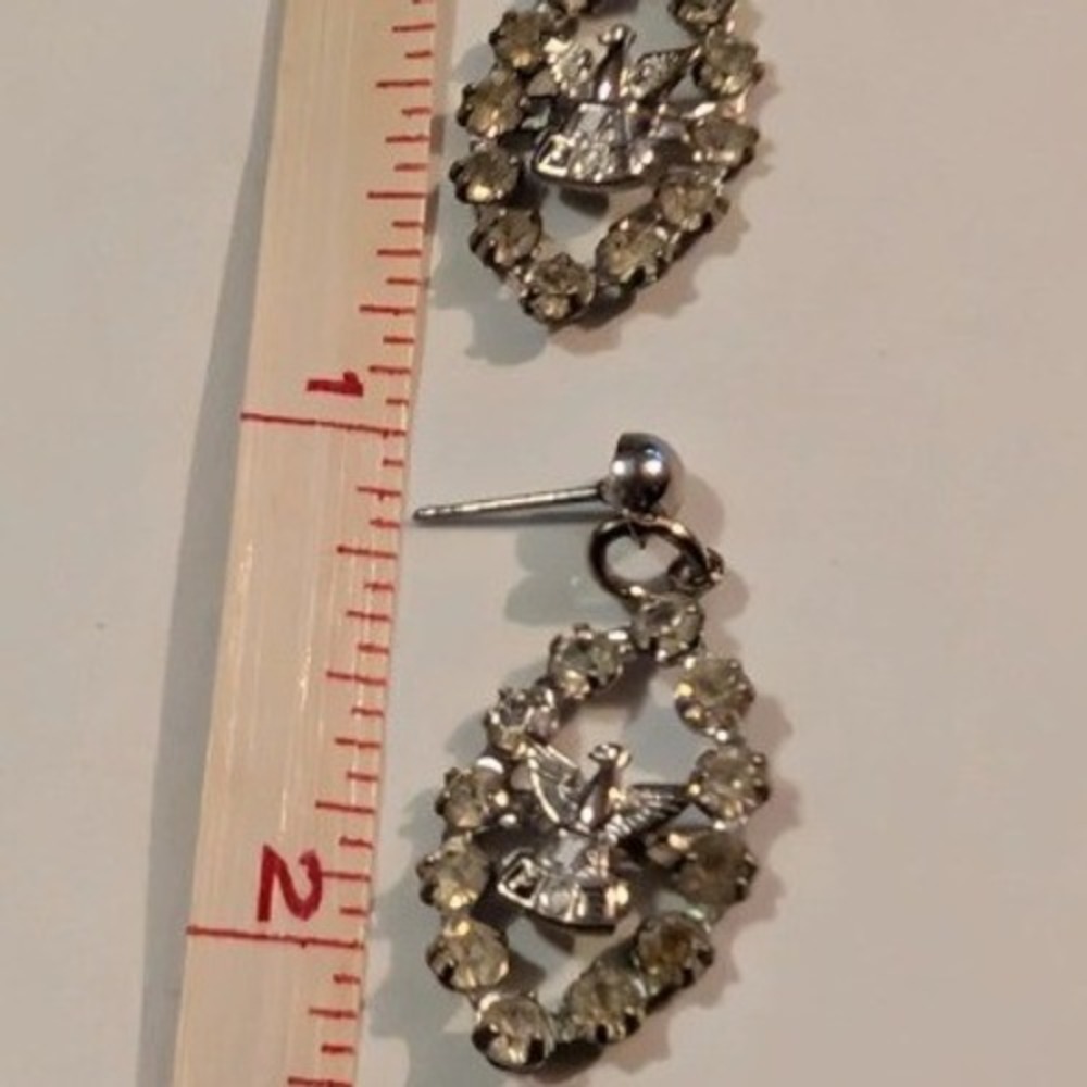 Vintage FOE Fraternal Order of Eagles Rhinestone Dangle Earrings Silver Tone